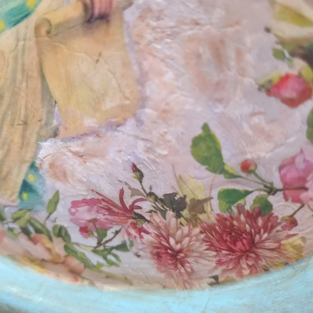 Upcycled 15 Inch Round Metal Tray with Vintage Angel & Floral Decoupage